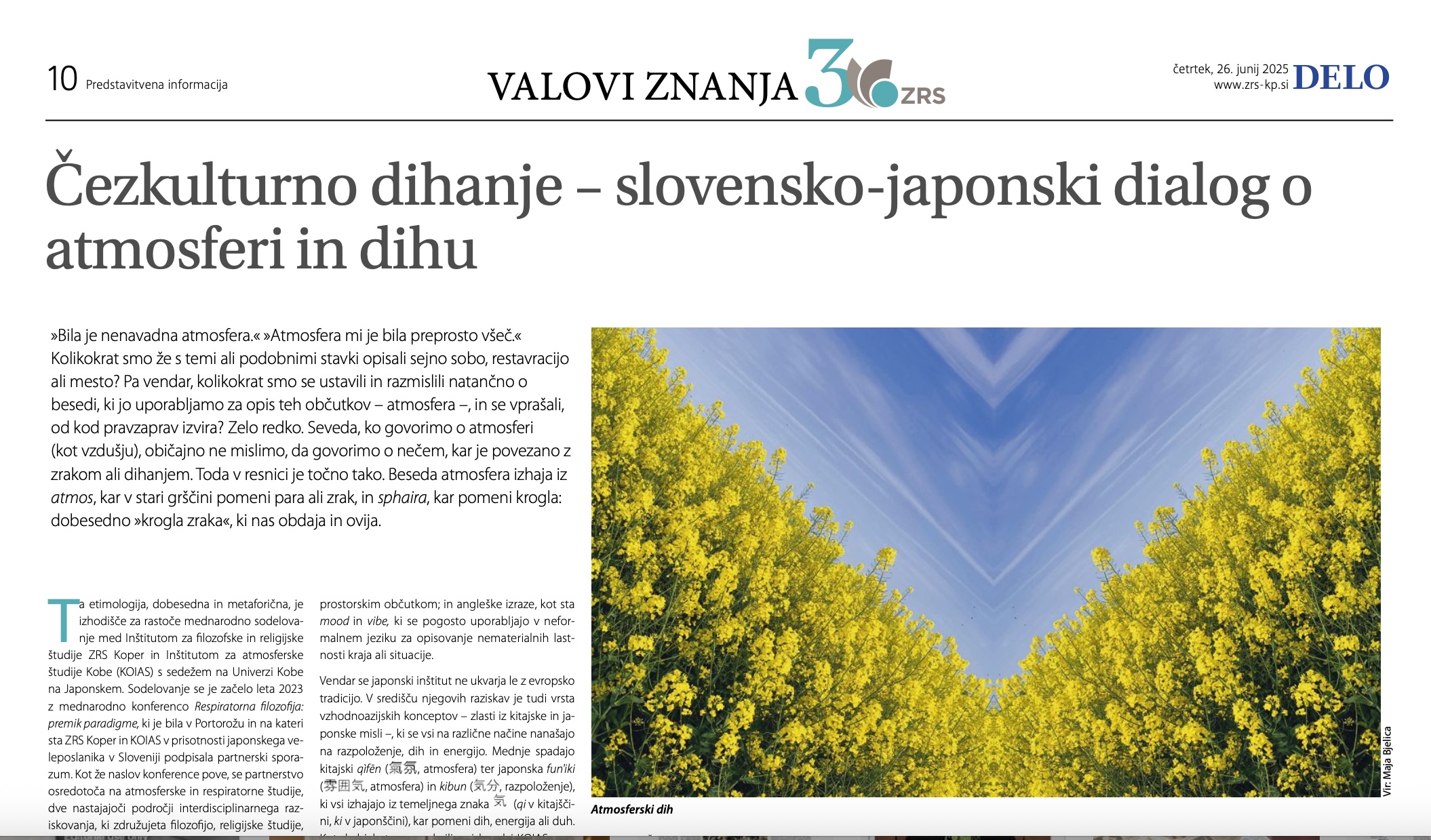 Article About KOIAS–ZRS Collaboration Published in Slovenia’s Leading Newspaper Delo | June 26, 2025